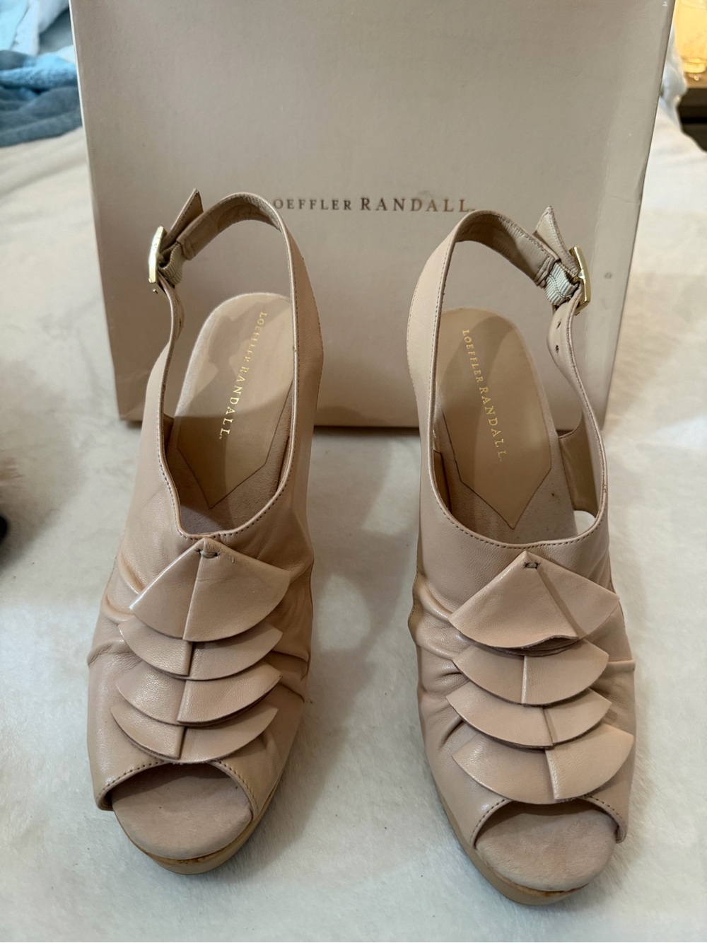 Loeffler Randall Nude Blush Peep-Toe Slingback Wedge Sandals